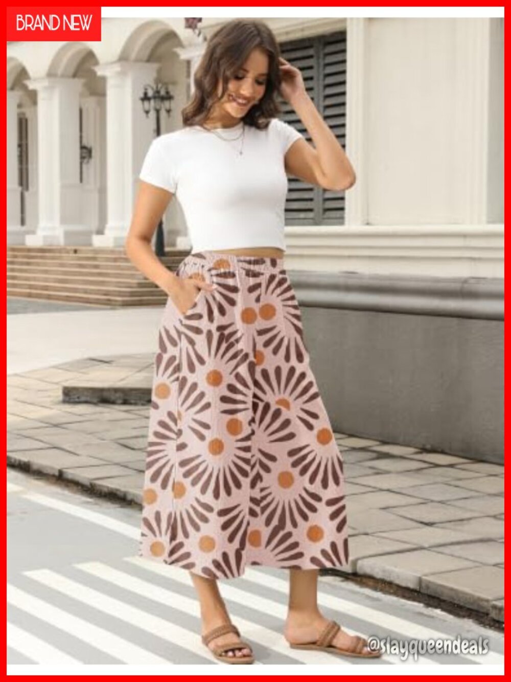 Wide Leg Linen Capri Pants Elastic Waist Palazzo Trousers with Pockets - Picture 3 of 7